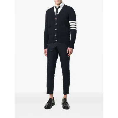 Thom Browne Milano Stitch V Neck Cardigan With 4 Bar In Fine Merino Wool Clothing In Blue