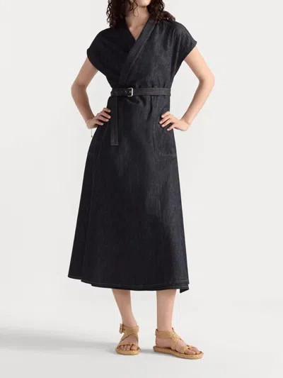 Dior Denim Dress With Belted Waist And Cap Sleeves In Black