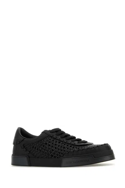 Dolce & Gabbana Round Toe Leather Low Top Sneakers In Black