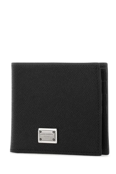 Dolce & Gabbana Black Dauphine Leather Wallet With Logo Plaque In Black
