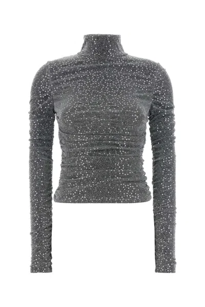 Dolce & Gabbana Ruched Sequin-embellished Lurex Turtleneck Blouse In Gray