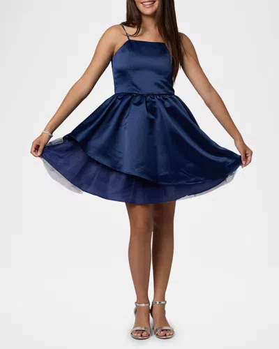 Un Deux Trois Kids' Peekaboo Tulle Satin Party Dress In Blue
