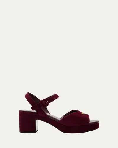 Prada Suede Triangle Logo Platform Sandals In Red