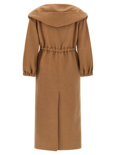 Max Mara Waist Belt Hooded Long Coat In Brown