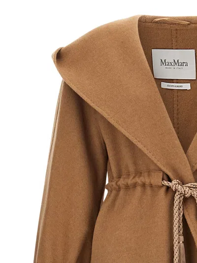 Max Mara Waist Belt Hooded Long Coat In Brown