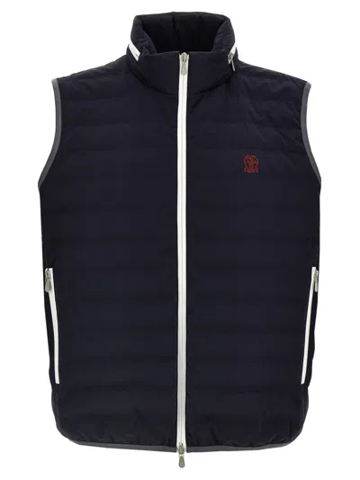 Brunello Cucinelli Padded Technical Fabric Waistcoat With Embroidered Logo In Blue