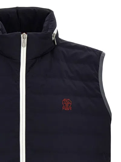 Brunello Cucinelli Padded Technical Fabric Waistcoat With Embroidered Logo In Blue