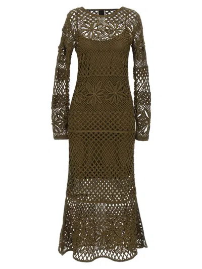 Pinko 'ortles' Green Crewneck Long Dress With Fishnet Design And All-over Floral Embroidery