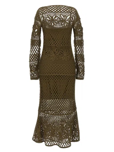 Pinko 'ortles' Green Crewneck Long Dress With Fishnet Design And All-over Floral Embroidery