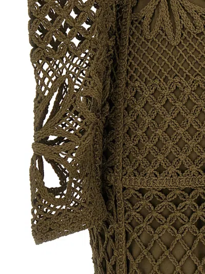Pinko 'ortles' Green Crewneck Long Dress With Fishnet Design And All-over Floral Embroidery
