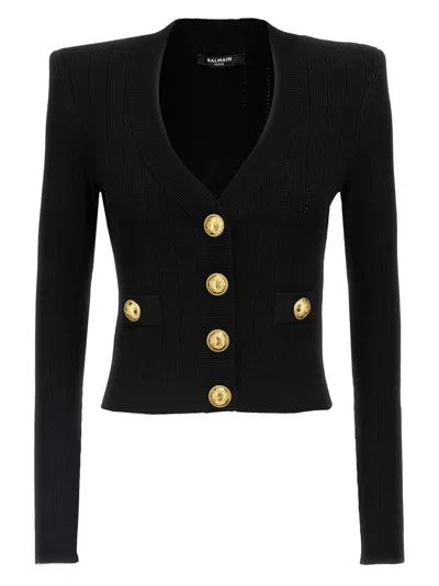Balmain Structured Shoulder Black V-neck Cardigan With Decorative Buttons