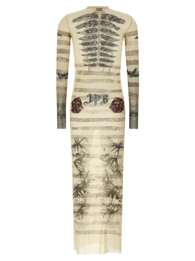 Jean Paul Gaultier Printed Tulle Maxi Dress With Long Sleeves In Multi