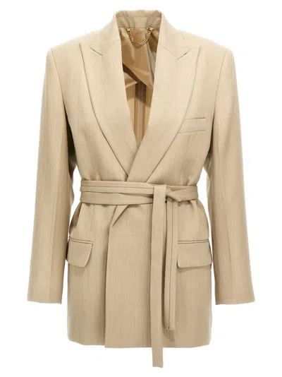 Victoria Beckham Belted Waist Blazer With Chest And Flap Pockets In Neutral