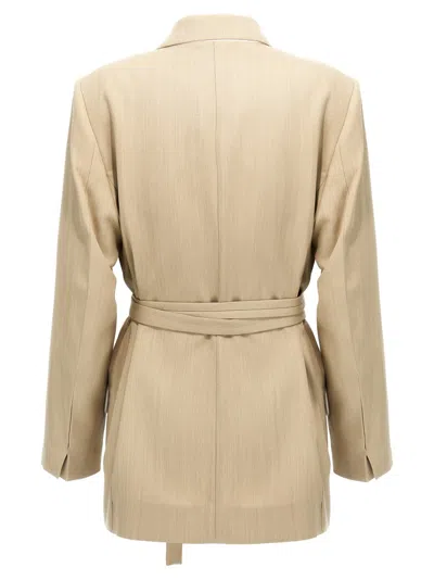 Victoria Beckham Belted Waist Blazer With Chest And Flap Pockets In Neutral