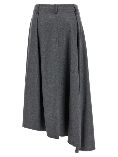 Brunello Cucinelli Wool Skirt With Asymmetrical Hem And Pleated Design In Gray