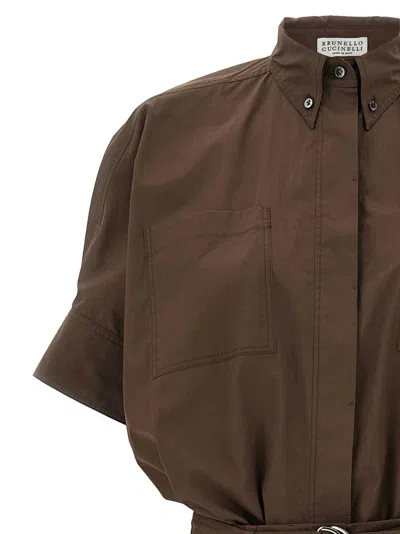 Brunello Cucinelli Waist Belt Cargo Chest Short Sleeve Dress In Brown