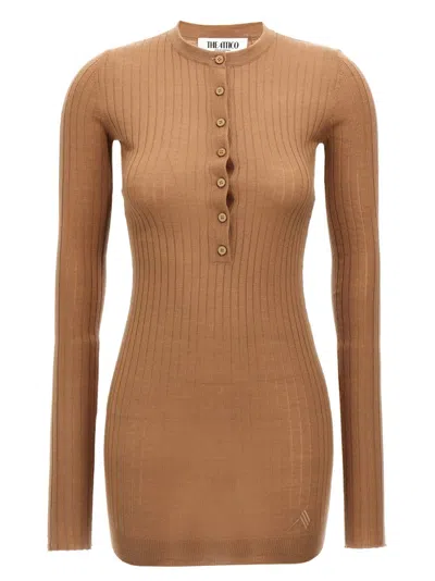 Attico Mini Dress With Ribbed Texture And Button Detailing In Brown