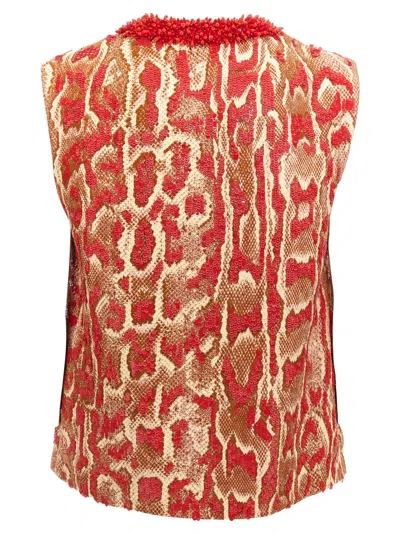 Dries Van Noten Sleeveless V-neck Animal Print Sequin Trim Top In Red