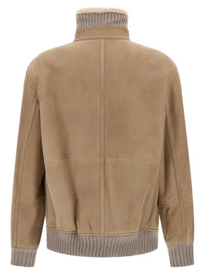 Brunello Cucinelli Men Bomber In Curly Suede Shearling With Cashmere Knit Collar In Brown