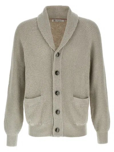 Brunello Cucinelli Ribbed Cotton Shawl Collar Cardigan In Gray
