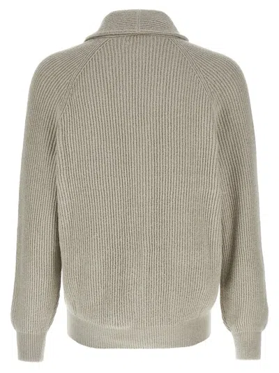 Brunello Cucinelli Ribbed Cotton Shawl Collar Cardigan In Gray