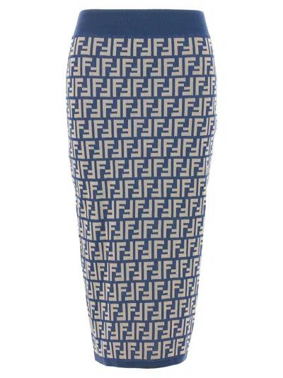 Fendi Jacquard Cotton Knit Midi Skirt In Blue