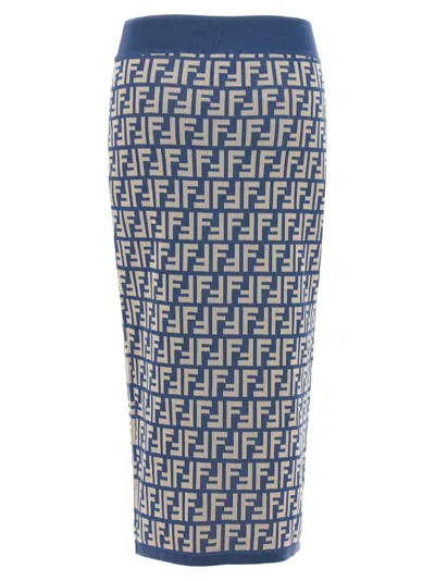Fendi Jacquard Cotton Knit Midi Skirt In Blue