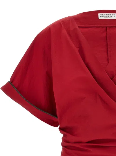 Brunello Cucinelli Crossed V-neck Shirt With Adjustable Side Buckle In Red