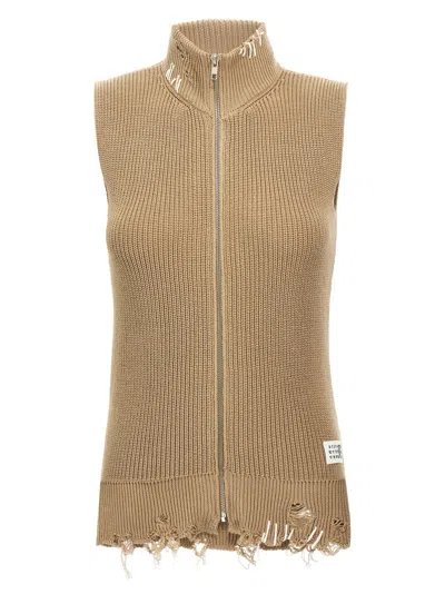 Mm6 Maison Margiela Mm6 By Maison Margiela Destroyed Cotton Knit Vest With High Neck In Brown