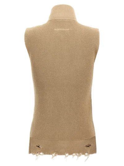 Mm6 Maison Margiela Mm6 By Maison Margiela Destroyed Cotton Knit Vest With High Neck In Brown