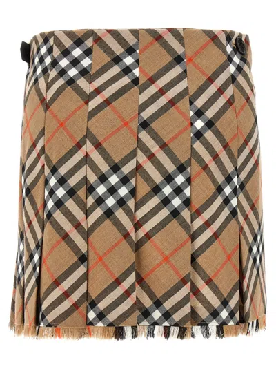 Burberry Womens Nut Ip Check Check-print Fringed Woven Mini Skirt