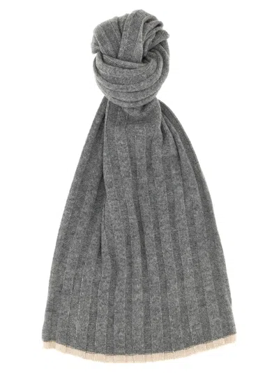 Brunello Cucinelli Ribbed Rectangular Wallet Scarf With Contrasting Edge In Gray