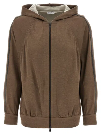 Brunello Cucinelli Brown Sweatshirt With Fixed Hood And Monil Detail On The Sleeve