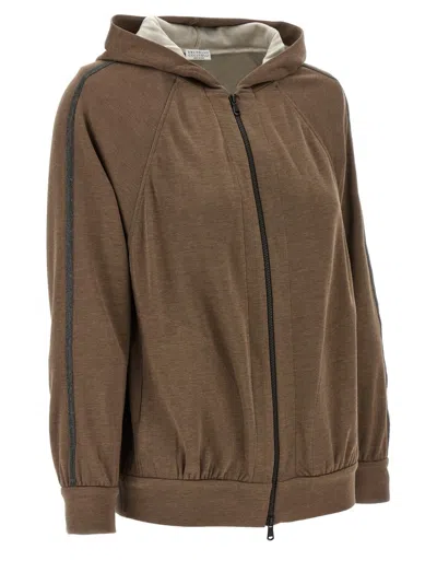Brunello Cucinelli Brown Sweatshirt With Fixed Hood And Monil Detail On The Sleeve