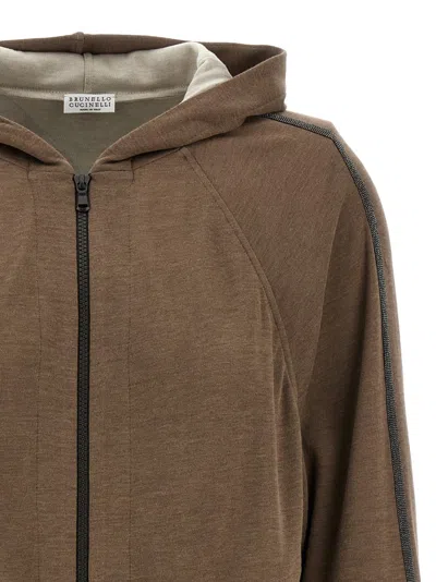 Brunello Cucinelli Brown Sweatshirt With Fixed Hood And Monil Detail On The Sleeve