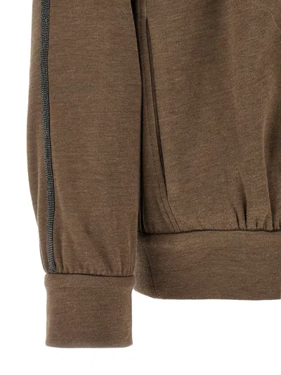 Brunello Cucinelli Brown Sweatshirt With Fixed Hood And Monil Detail On The Sleeve