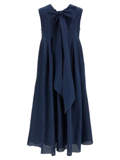 Max Mara Pleated Cotton And Ramie Dress In Blue