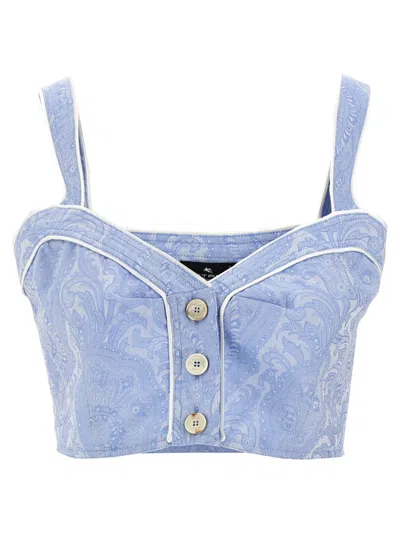 Etro Paisley Print Button Detail Cropped Top In Blue