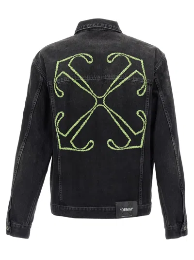 Off-white Diagonal Arrow Outline Embroidered Denim Skate Jacket In Black