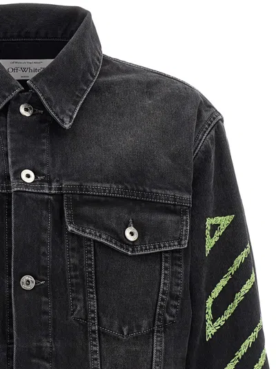 Off-white Diagonal Arrow Outline Embroidered Denim Skate Jacket In Black