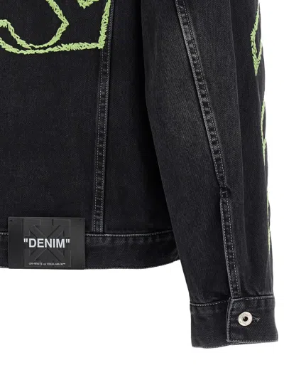 Off-white Diagonal Arrow Outline Embroidered Denim Skate Jacket In Black