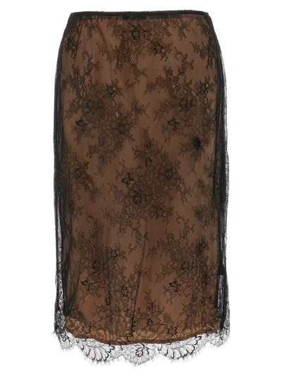 Self-portrait Lace Overlay Sheer Midi Skirt With Slit In Brown