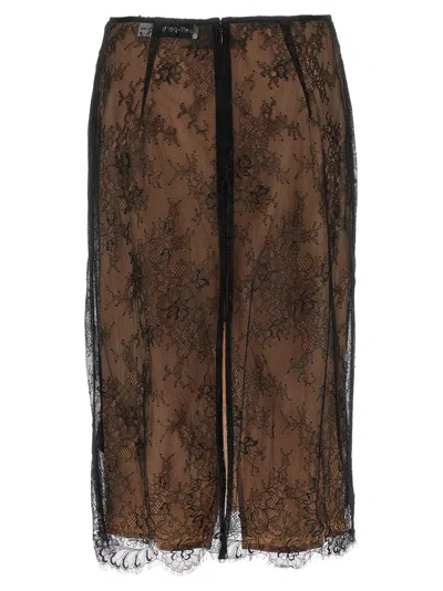 Self-portrait Lace Overlay Sheer Midi Skirt With Slit In Brown