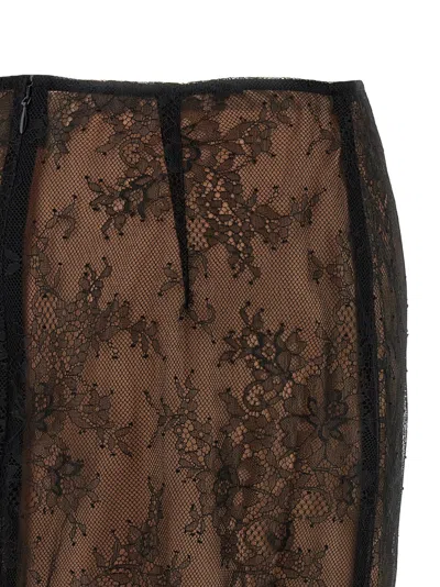 Self-portrait Lace Overlay Sheer Midi Skirt With Slit In Brown