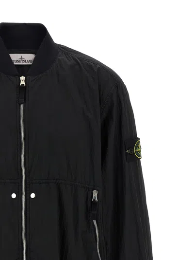 Stone Island Black Bomber Jacket With Front Zip Closure And Logo Patch On The Sleeve In Tech Fabric Man In Black