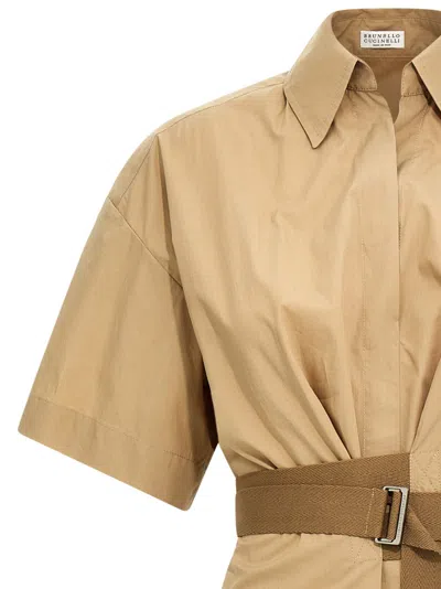 Brunello Cucinelli Cotton Poplin Chemiser Dress With Adjustable Belt In Neutral