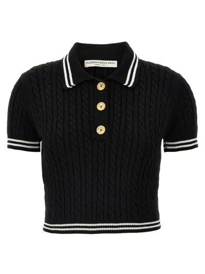 Alessandra Rich Braided Cotton Polo Shirt With Contrast Details In Black