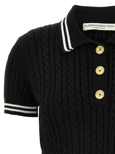 Alessandra Rich Braided Cotton Polo Shirt With Contrast Details In Black