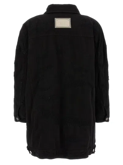 Dolce & Gabbana Longline Distressed Denim Jacket With Chest Pockets In Black