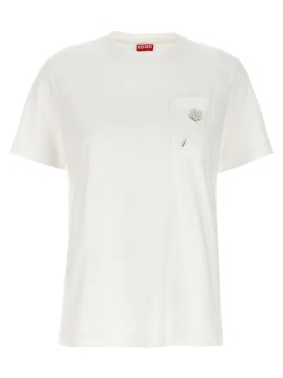 Kenzo 'boke Flower 2,0' White Crewneck T-shirt With Logo Patch On The Front And Logo Lettering On The Rear In White